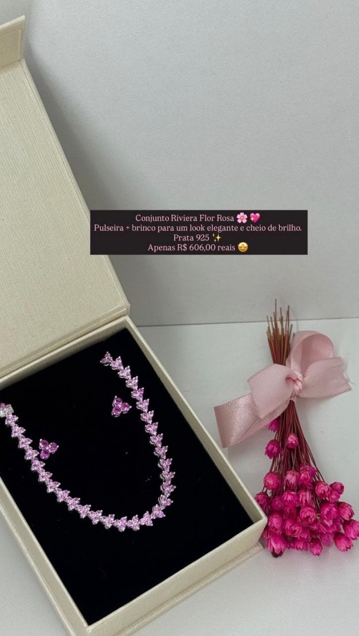 Conjunto pulseira + brinco riviera flor rosa